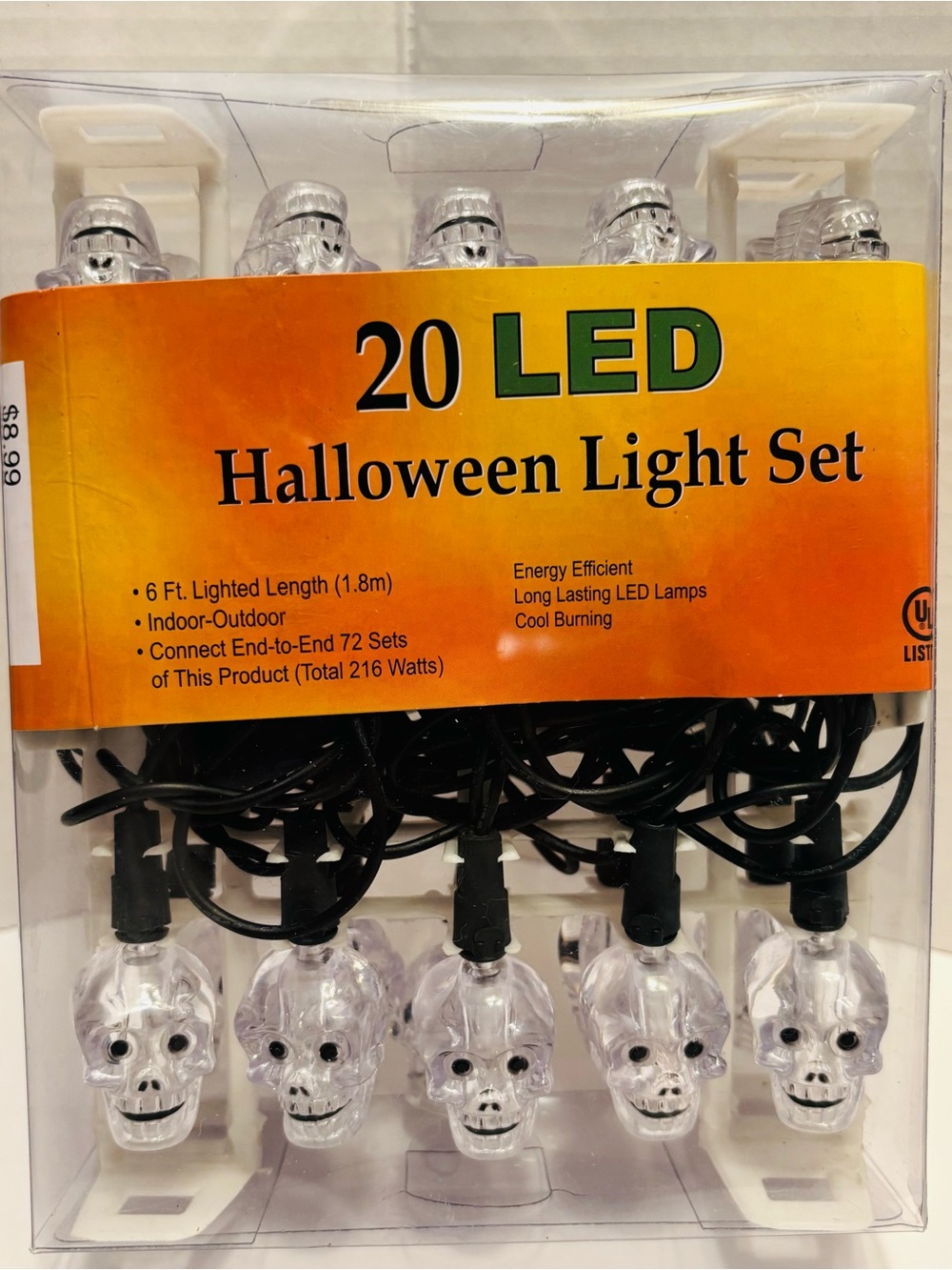 20 LED Skull Halloween Light Set 6 Ft Indoor Outdoor Clear Skull Lights NIB